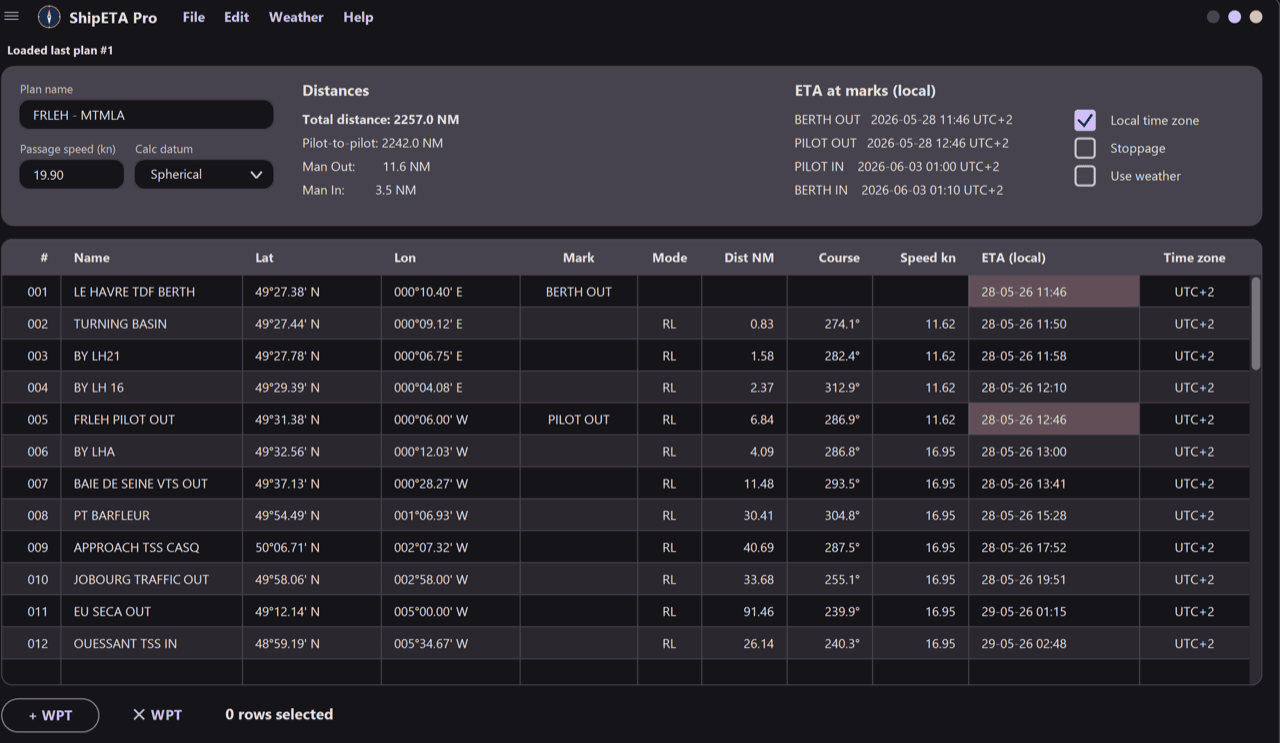 ShipETA Pro showing a passage plan with waypoint ETAs and required speeds